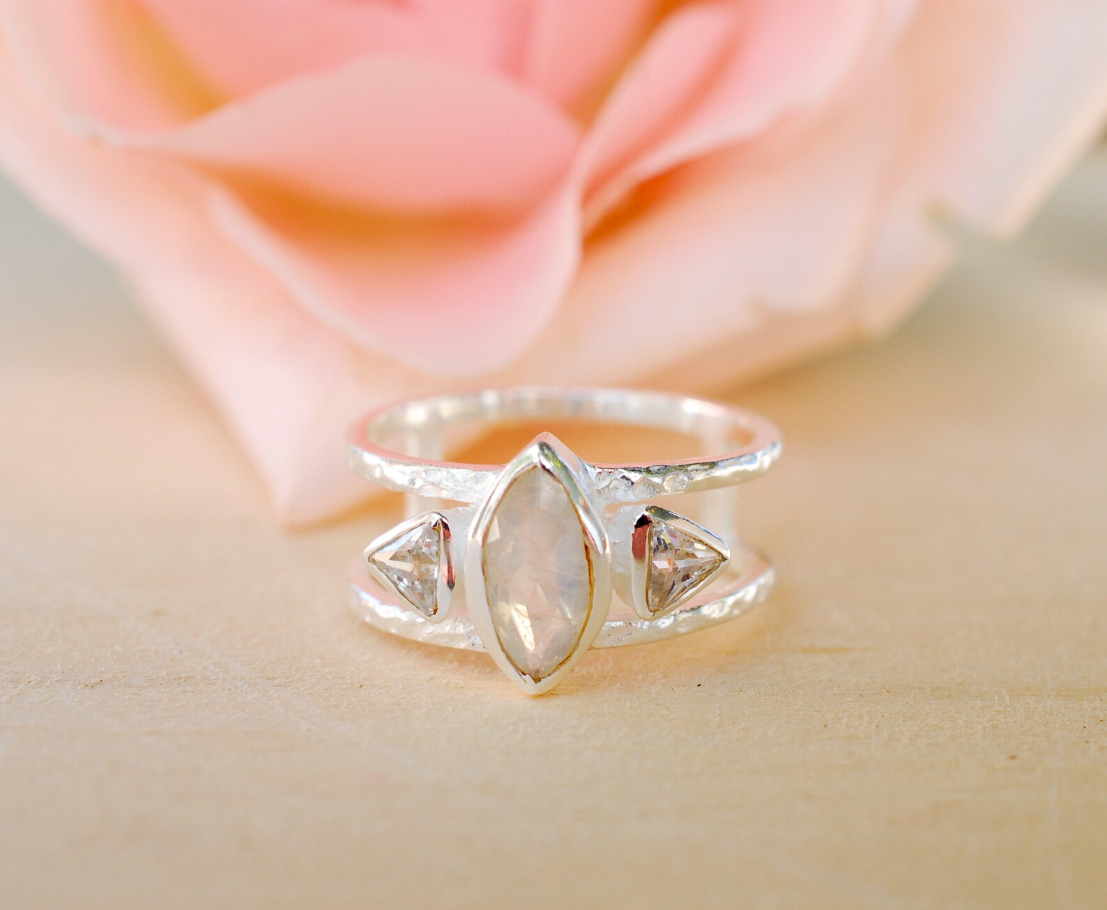 Moonstone & White Topaz Ring Sterling Silver Ring Etsy