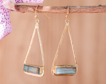 Labradorite Earrings Gold Plated 18k or Silver Plated or Rose Gold Plated* Dangle * Gemstone * Natural *Triangulum * Geometric * BJE003A