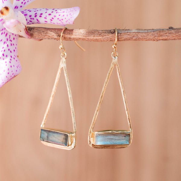 Labradorite Earrings Gold Plated 18k or Silver Plated or Rose Gold Plated* Dangle * Gemstone * Natural *Triangulum * Geometric * BJE003A