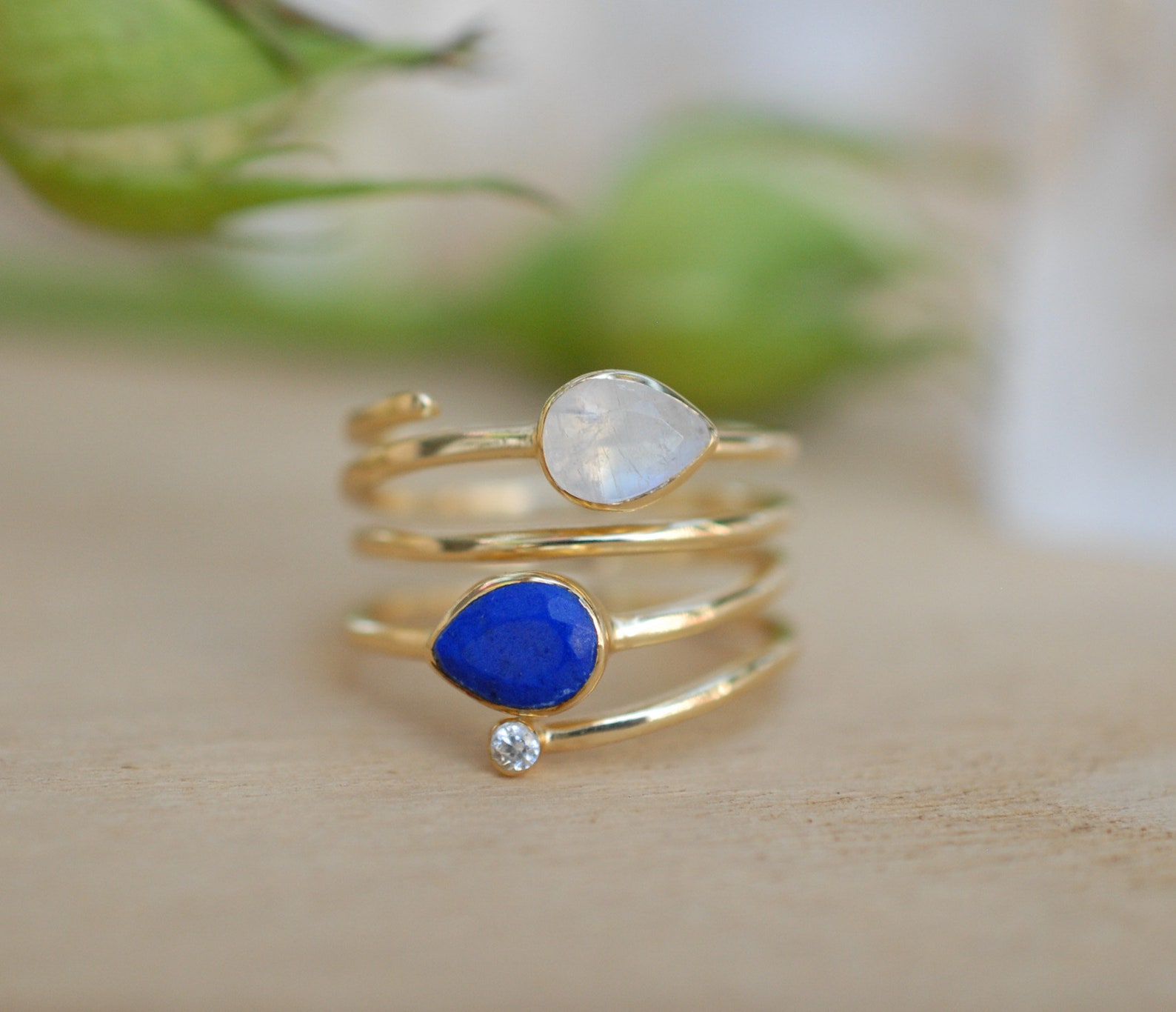 Lapis Lazuli & Moonstone Gold Plated 18k Ring Blue Stone Etsy