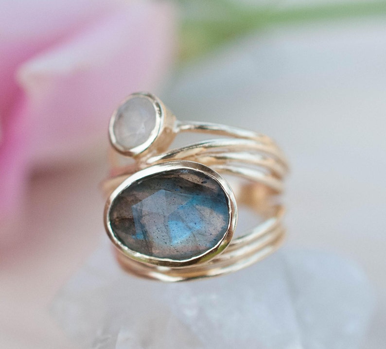 Gold Plated 18k Ring Labradorite Moonstone Gemstones Handmade Statement Natural Organic Gift for her JewelryBycilaBJR073 image 3