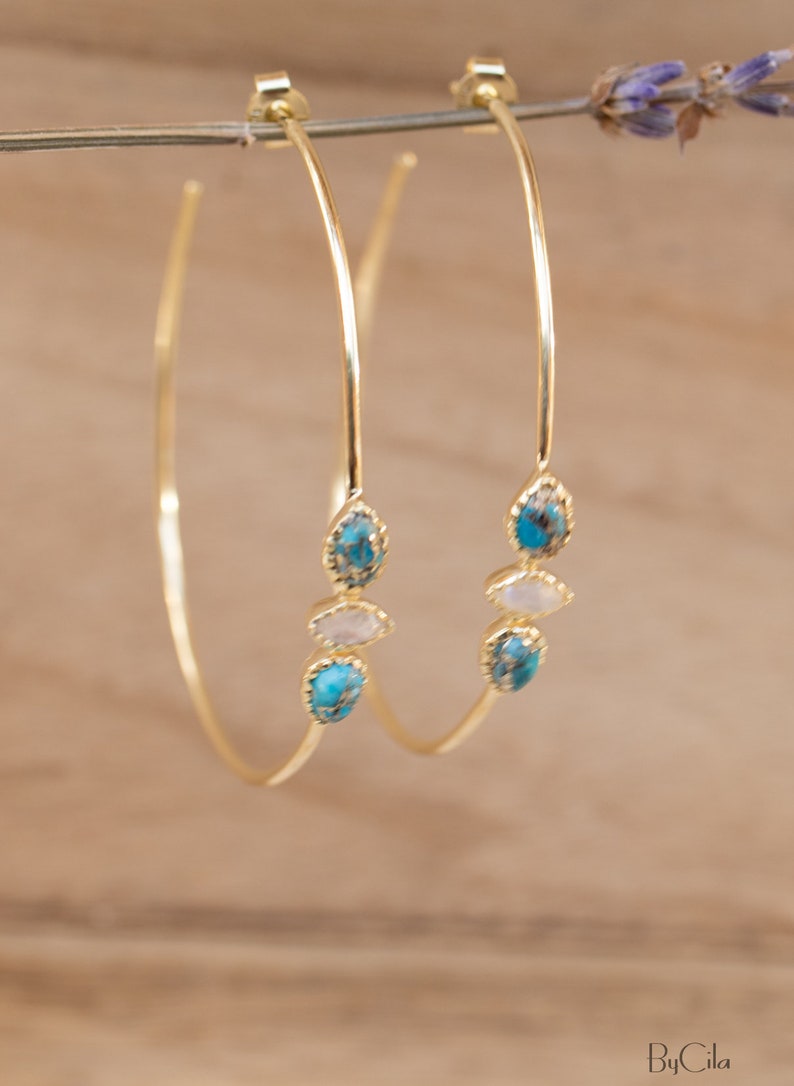 Turquoise & Moonstone Gold Plated 18k or Silver Plated or Rose Gold Plated Handmade Boho Modern ByCila Boho Modern BJE017C Gold Plated