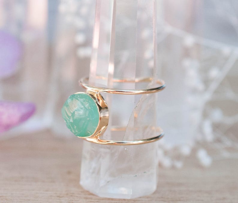 Rough Aqua Chalcedony Ring Gemstone Gold Statement Bohemian Boho Hippie Jewelry Bycila Gift fot Her Natural Raw BJR012 image 3