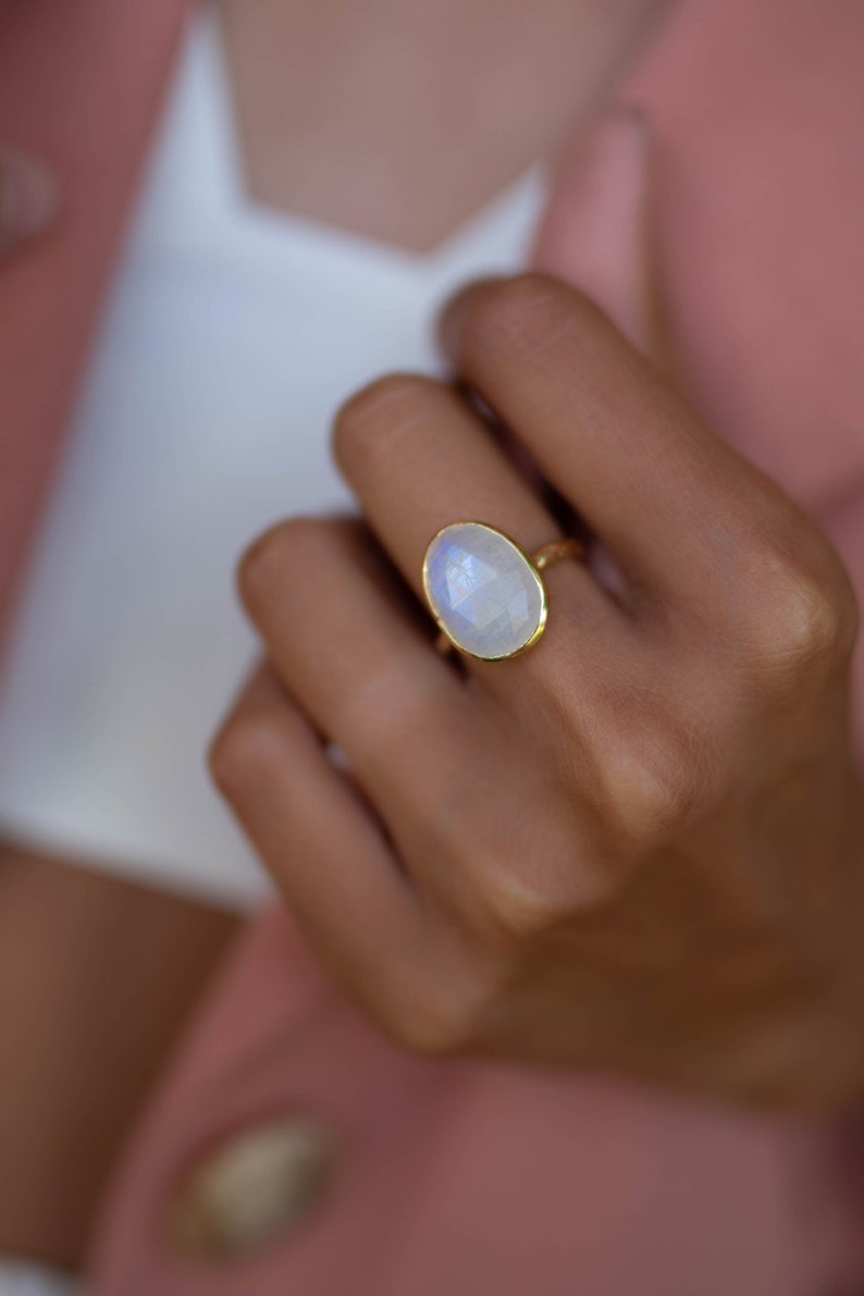 Moonstone Gold Plated Ring Statement Ring Gemstone Ring Rainbow Moonstone Gold Ring BJR241 image 4