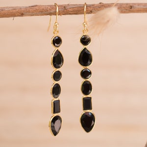 Black Onyx Gold Long Gold Earrings * Gold Plated 18K* Gemstone * Earrings * Handmade * Boho * Dangle * Modern * BJE126