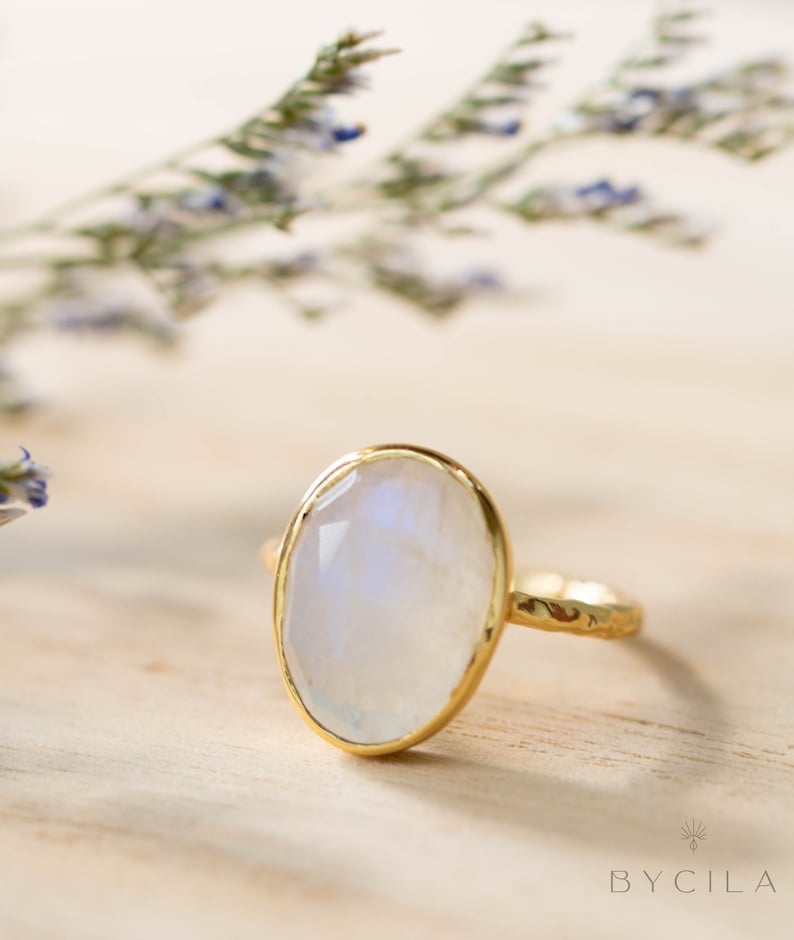 Moonstone Gold Plated Ring Statement Ring Gemstone Ring Rainbow Moonstone Gold Ring BJR241 image 7