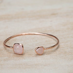 Rose Quartz Bangle Bracelet Gold Plated 18k or Silver Plated or Rose Gold Plated Gemstone Adjustable Statement Stacking BJB004A Gold Plated