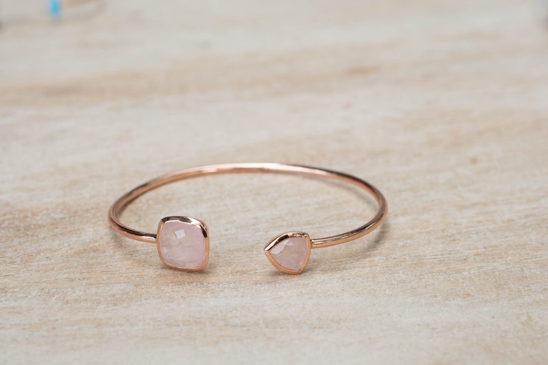 Rose Quartz Bangle Bracelet Gold Plated 18k or Silver Plated or Rose Gold Plated Gemstone Adjustable Statement Stacking BJB004A Gold Plated