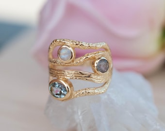 Labradorite , Moonstone & Blue Topaz Gold Plated 18k Ring  *Gemstones * Handmade * Statement * Natural * Organic * Gift for her BJR018