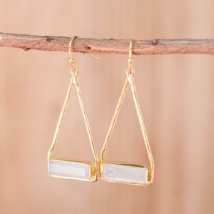 Moonstone Earrings Gold Plated 18k or Silver Plated or Rose Gold Plated Dangle Gemstone Lightweight Triangulum Geometric BJE001A image 3