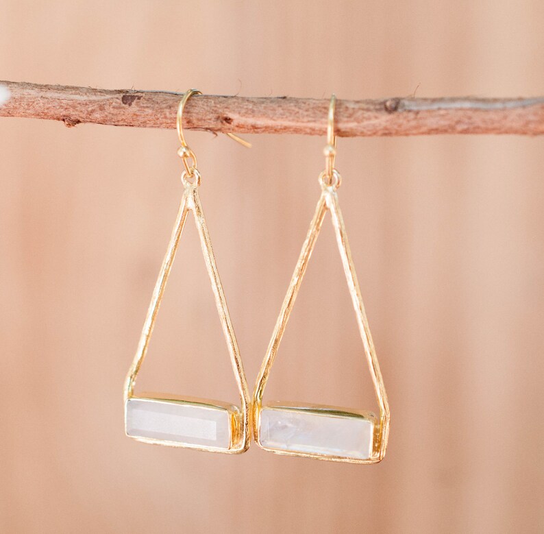 Moonstone Earrings Gold Plated 18k or Silver Plated or Rose Gold Plated Dangle Gemstone Lightweight Triangulum Geometric BJE001A image 3