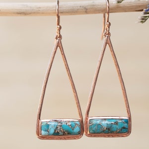 Copper Turquoise Earrings Gold Plated 18k or Silver Plated or Rose Gold Plated Natural Lightweight Triangulum Geometric BJE002C Rose Gold Plated