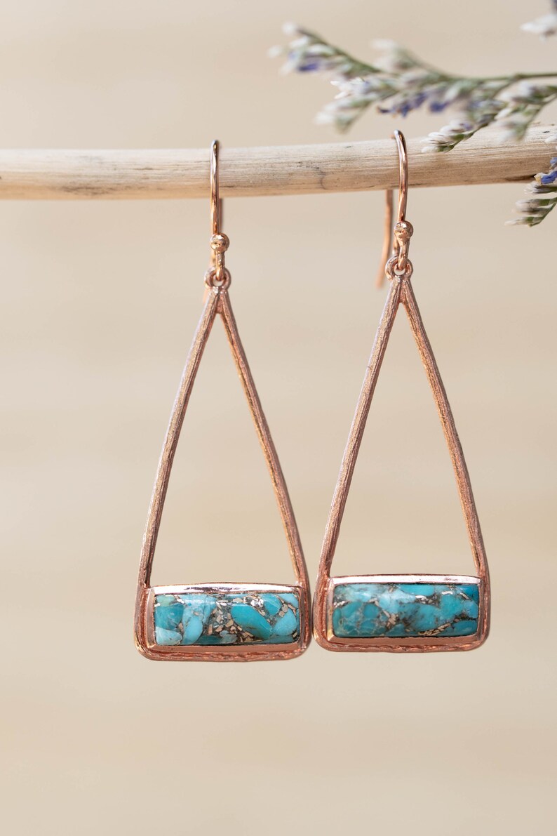 Copper Turquoise Earrings Gold Plated 18k or Silver Plated or Rose Gold Plated Natural Lightweight Triangulum Geometric BJE002C Rose Gold Plated