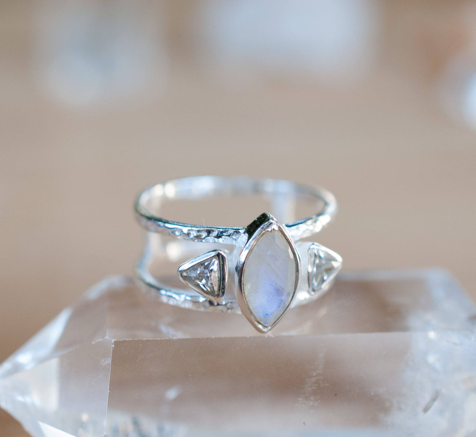 Moonstone & White Topaz Ring Sterling Silver Ring Etsy