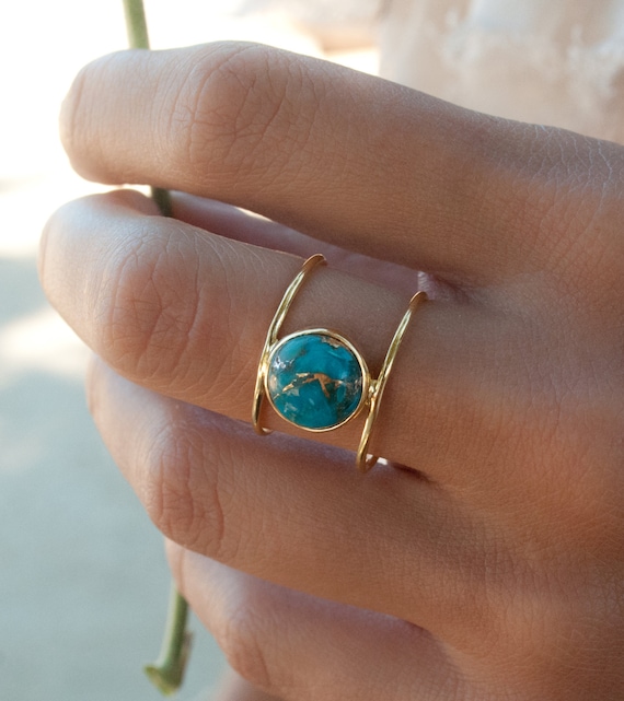 Turquoise blue Druzy natural stone gold ring adjustable