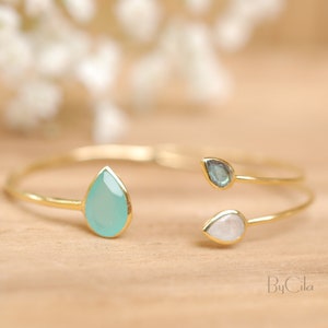 Aqua Chalcedony,Labradorite & Moonstone Bangle Bracelet * Gold Plated, Rose Gold Plated or Silver Plated* Gemstone * Adjustable * BJB023A