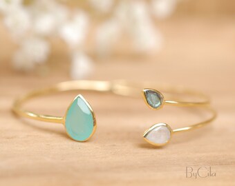 Aqua Chalcedony,Labradorite & Moonstone Bangle Bracelet * Gold Plated, Rose Gold Plated or Silver Plated* Gemstone * Adjustable * BJB023A