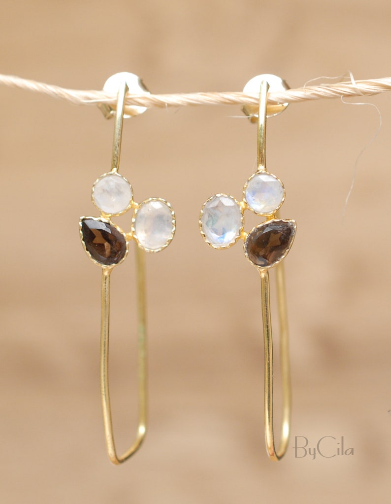 Moonstone & Smoky Quartz Earrings Gold Plated 18K Post - Etsy