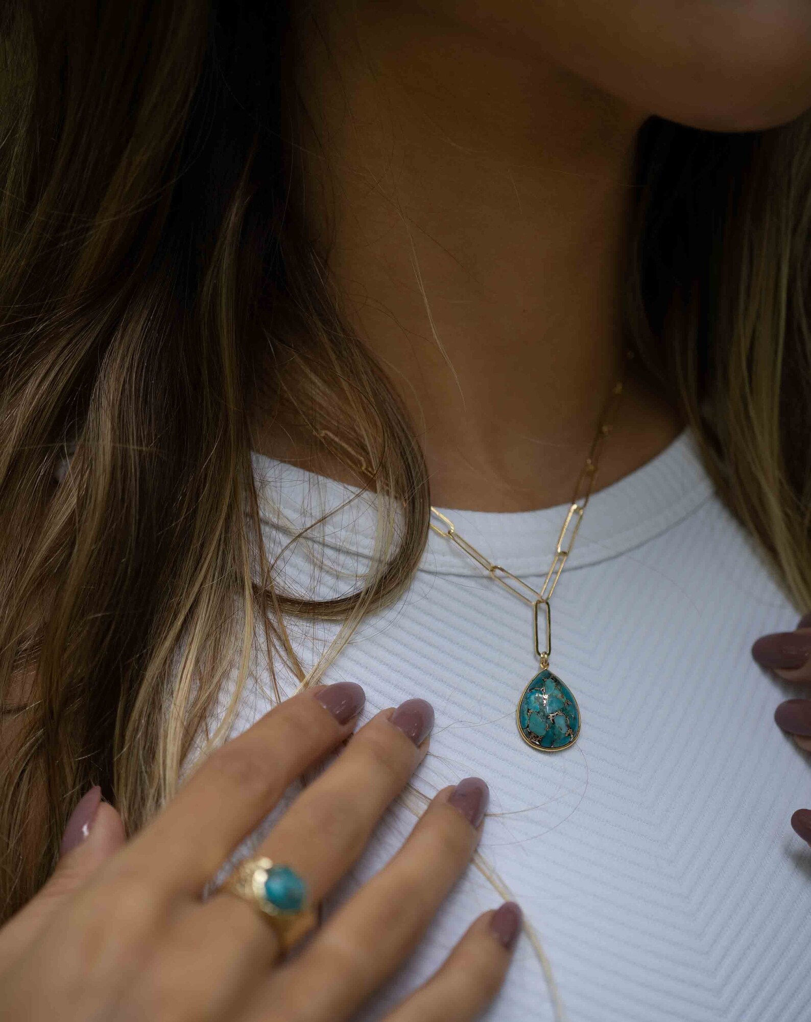 Double Lariat Turquoise Necklace w/ Copper Feather main image 1