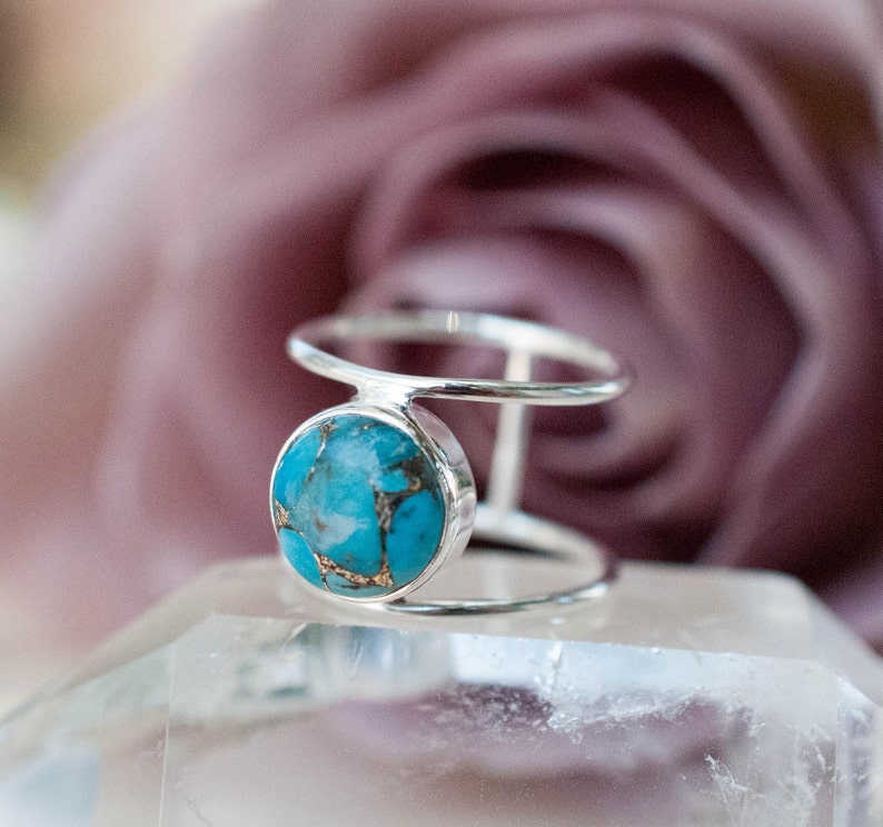 Turquoise Ring Sterling Silver 925 Statement Gemstone Copper Turquoise Organic Ocean Blue Natural Handmade Thin Band BJR002 image 3