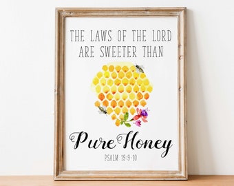 Psalm 19:9-10 The Laws of the Lord Bible Verse Printable Wall Art, Scripture Digital Art, Beekeeper Gift, Honey Bee Watercolor Print