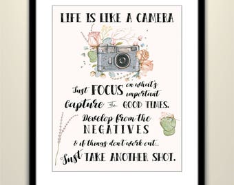 Life is Like a Camera Quote Camera Gift for Photographer DIGITAL FILE Handwritten Font Photography Inspirational Print Watercolor Home Decor