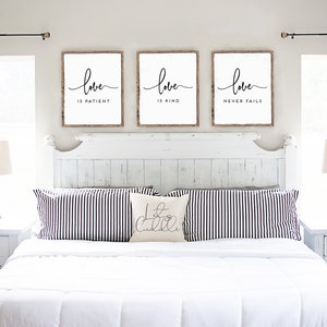 Love is Patient, Love is Kind, Love Never Fails, Bible Verse Art, Bedroom Decor, Christian Wedding, Anniversary or Valentines Gift, Set of 3