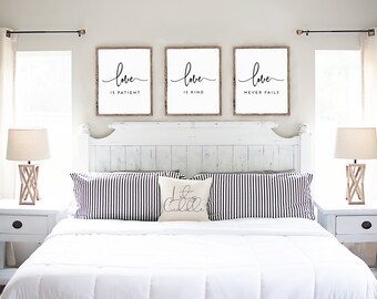 Love is Patient, Love is Kind, Love Never Fails, Bible Verse Art, Bedroom Decor, Christian Wedding, Anniversary or Valentines Gift, Set of 3