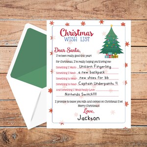Lista de deseos de Navidad imprimible, Querida carta de Papá Noel, Carta a Santa, Carta de vacaciones para niños, Carta del Polo Norte, Árboles de Navidad, Lista de regalos