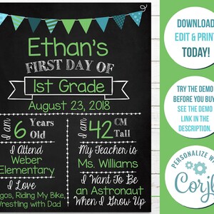 Editable First Day of School Printable Sign, Chalkboard Back to School ...