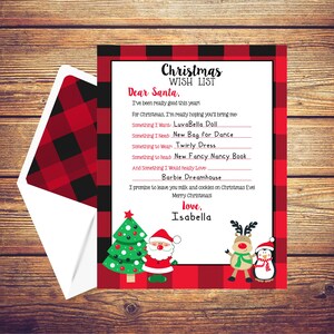 Lista de deseos de Navidad imprimible, Querida carta de Papá Noel, Carta a Santa, Carta de vacaciones para niños, Reutilizable año tras año, Santa, Buffalo Plaid