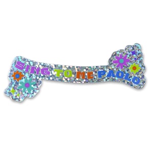 May include: A silver glitter banner with the text "Sing to Me Paolo" in colorful letters. The banner is decorated with colorful flowers.