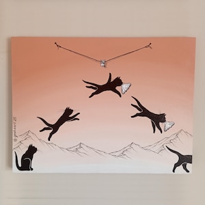 Schilderij op doek &quot;Kat springt voor khinkali&quot;. Gebaseerd op mijn straatkunst: een van de populairste toeristische straten van Tbilisi, Georgië.