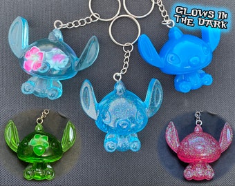 Stitch Disney Keychain - 3D Hard Resin with Glitter or Flowers