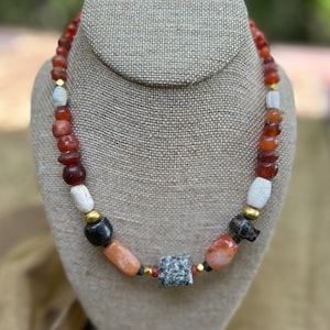 Ancient Roman Beads-Women&#39;s Necklace- Carnelian and Natural Stone. 2nd-3rd Century AD. Vintage. Antique. Authentic. Hand Made.