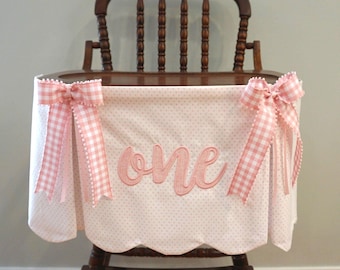 First Birthday Girl Highchair Banner, Pink Gingham Bows