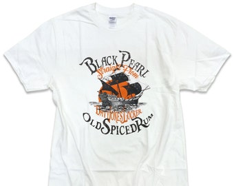 May include: White t-shirt with a black and orange graphic print of a ship with the text "Black Pearl Straight From Daviones Locker Old Spiced Rum".