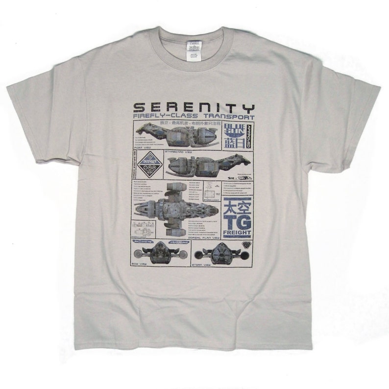 May include: A light gray t-shirt with a print of the Serenity spaceship from the TV show Firefly. The print includes the text "Serenity Firefly-Class Transport" and diagrams of the ship.