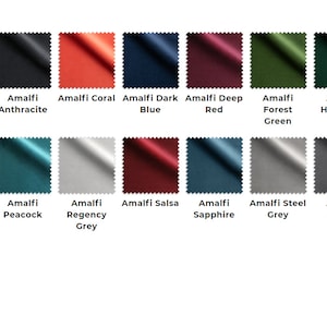 May include: Swatch card showing 14 different colors of velvet fabric. The colors are: Amethyst, Anthracite, Coral, Dark Blue, Deep Red, Forest Green, Highland Green, Ochre, Peacock, Regency Grey, Salsa, Sapphire, Steel Grey, and Whisper.