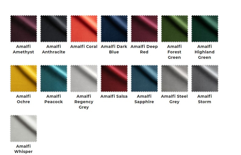 May include: Swatch card showing 14 different colors of velvet fabric. The colors are: Amethyst, Anthracite, Coral, Dark Blue, Deep Red, Forest Green, Highland Green, Ochre, Peacock, Regency Grey, Salsa, Sapphire, Steel Grey, and Whisper.