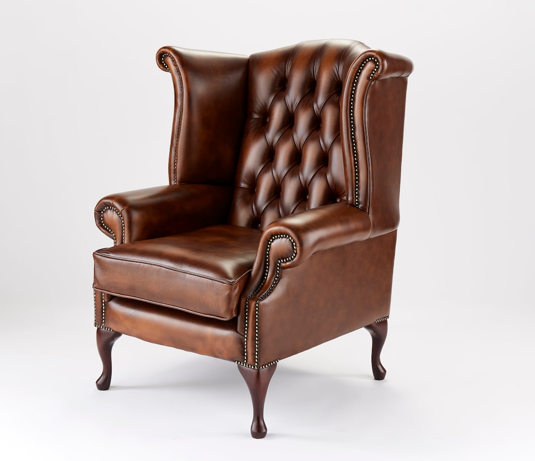 Queen Ann Leather High Back Chesterfield Wing Back Chair Etsy UK