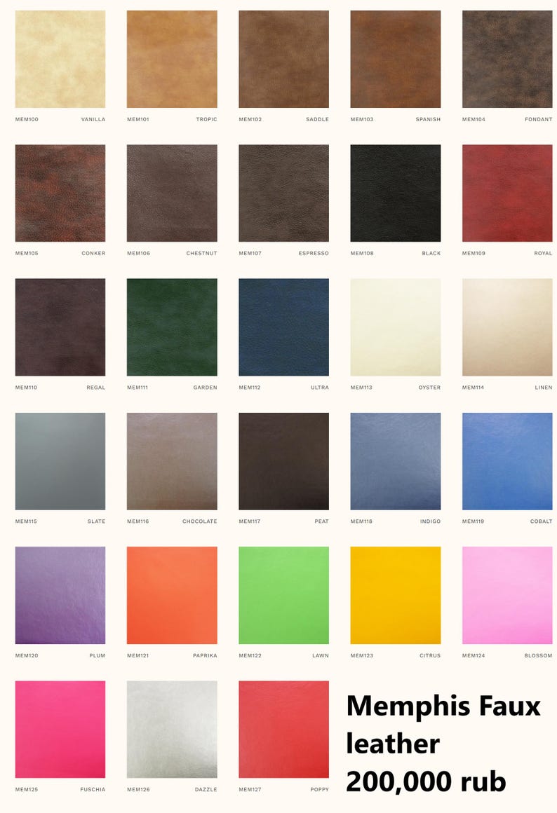 May include: A chart of 25 different faux leather swatches, each with a unique color and texture. The swatches are labeled with their corresponding color names and codes. The text at the bottom of the chart reads "Memphis Faux leather 200,000 rub".