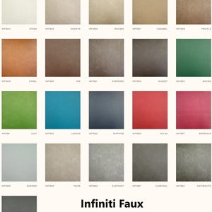 May include: A color chart showing 20 different colors of Infiniti Faux leather. The colors are labeled with their names and INF codes. The text "Infiniti Faux leather 100,000 rub test" is at the bottom of the chart.