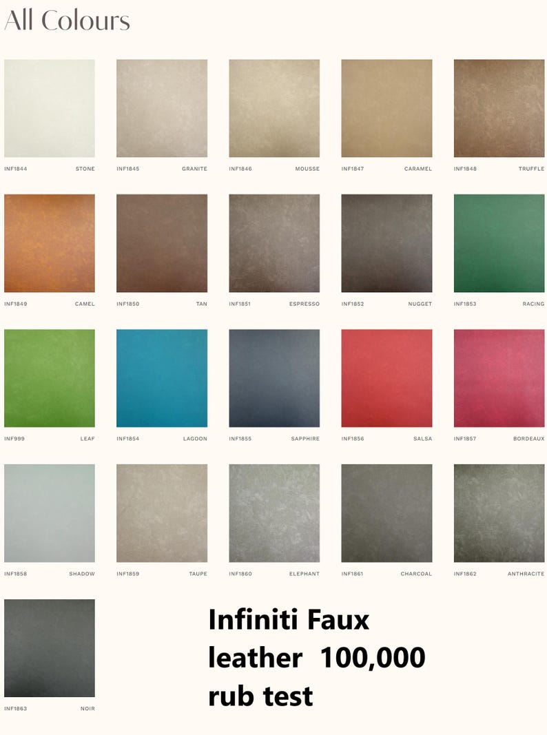 May include: A color chart showing 20 different colors of Infiniti Faux leather. The colors are labeled with their names and INF codes. The text "Infiniti Faux leather 100,000 rub test" is at the bottom of the chart.