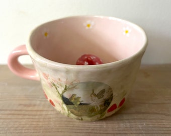 Ceramic hand made peek-a-boo fairy toadstool mug - Fairy and Frog Design with Toadstools and Flowers and Peek-a-boo Fairy Toadstool Inside