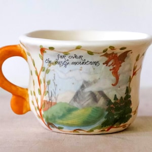 Hobbit Mug - Millie's Pottery Cream Misty Mountains Large Scroll Handle Mug