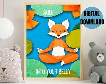 Digital Download: Mindfulness Poster for Kids - Cute Meditating Fox, Colorful Wall Art, Inner Smile, Instant Download, Printable Decor