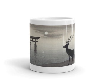 Torii and Deer, Ohara Koson, Japanese Artist, Japanese Gate, Shinto Shrine, Full Moon, Mug