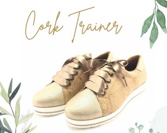 Handmade Cork Sneakers: Vegan Gold Accent Trainers