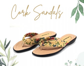 Cork Sandals, Vegan Sandals Women, Floral Sandals, Flip Flop Sandals, Eco Friendly Sandals, Comfortable Sandals, Gift for Her